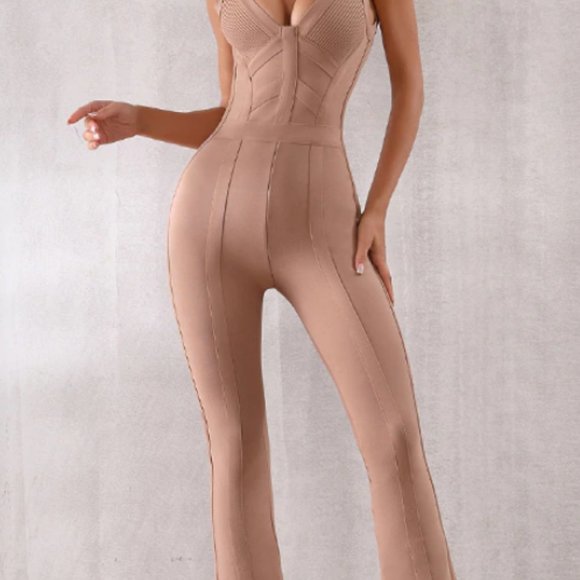 BEIGE BANDAGE JUMPSUIT NUDE PANTSUIT CAMEL JUMPER - Picture 10 of 15